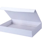 Open rigid white rectangular cardboard package with an attached lid, displayed at an angle. The package interior is currently empty.
