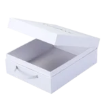 A white, rectangular rigid box with a handle, partially open to reveal an empty interior.