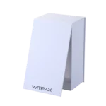 A white, rectangular rigid box with the lid partially open,