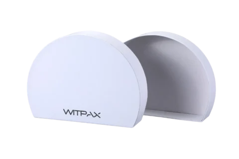 A pair of white, semi-circular packaging boxes, crafted with the elegance and sturdiness of rigid box design, ideal for showcasing premium products.