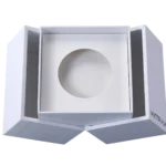 A three-part rigid box with all sections open, showcasing a central circular cutout.