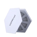 Hexagonal white rigid box with the lid partially open, revealing six triangular compartments inside. The exterior features branding on the lid.