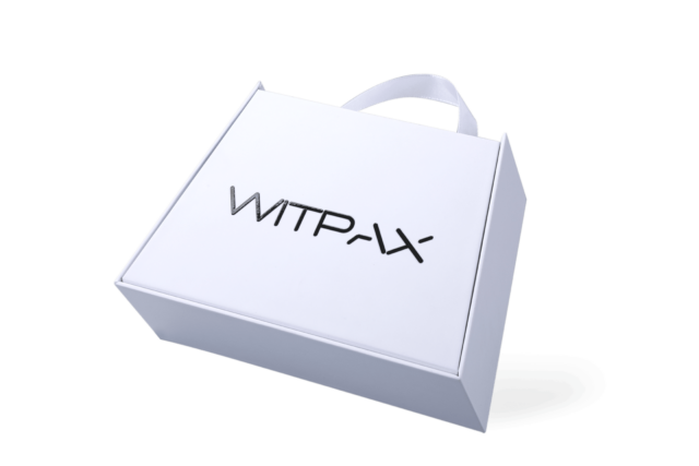 Trapezoidal book-style rigid box with straps