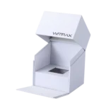 A partially opened, custom white rigid box revealing an inner compartment with a square cutout.