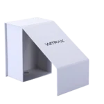 A white cardboard magnetic foldable rigid box partially opened, designed for custom packaging needs.