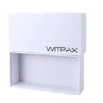 This image represents our custom box packaging. It showcases a white, rectangular Witpax slide box with an open bottom section, designed for easy product dispensing or convenient item storage.