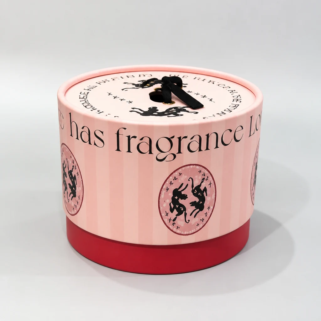 Round shaped lift-off lid boxes with string round gift box front angle