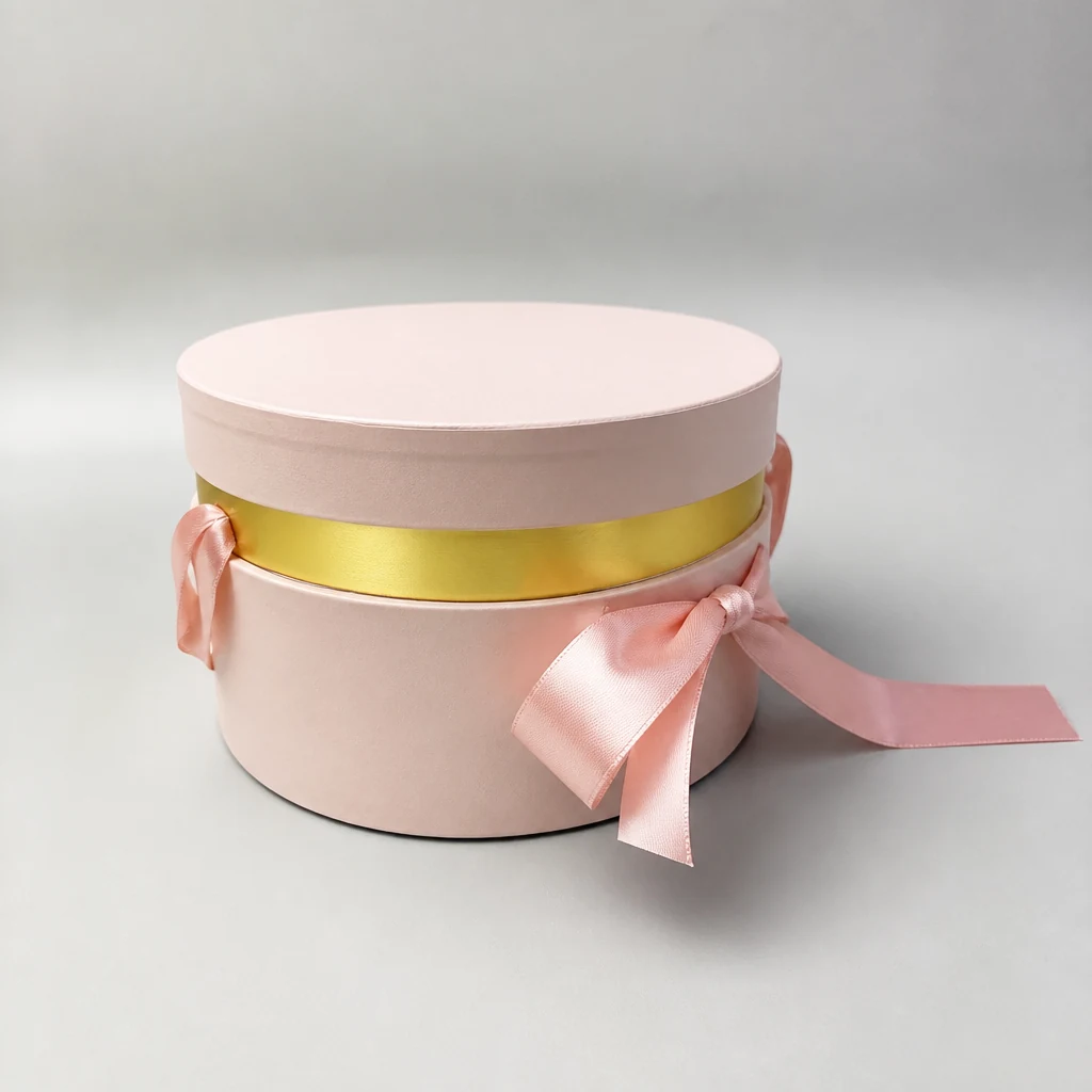 Custom round shaped gift boxes with ribbon round gift box front angle
