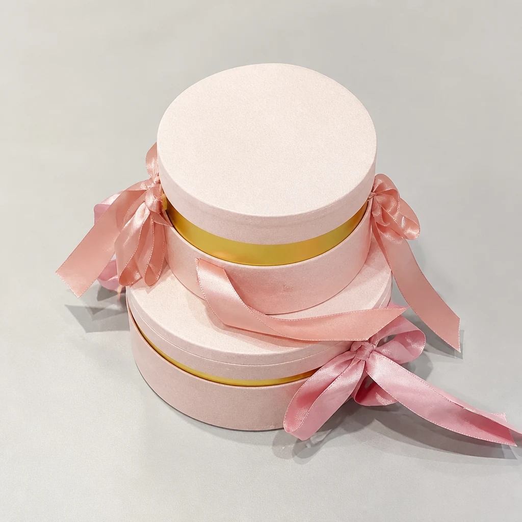 Custom round shaped gift boxes with ribbon round gift box top angle