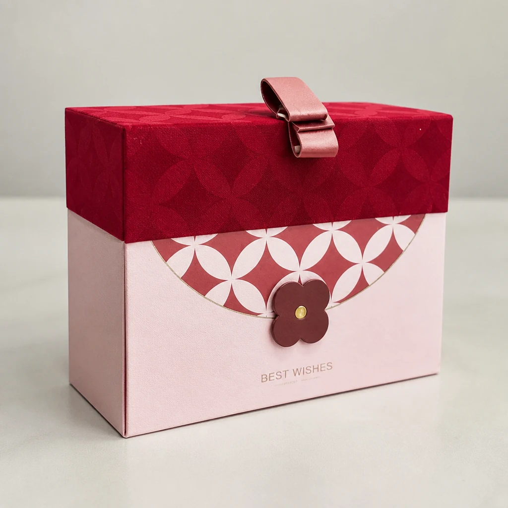 Custom pattern flip top gift box with strap packaging box front angle