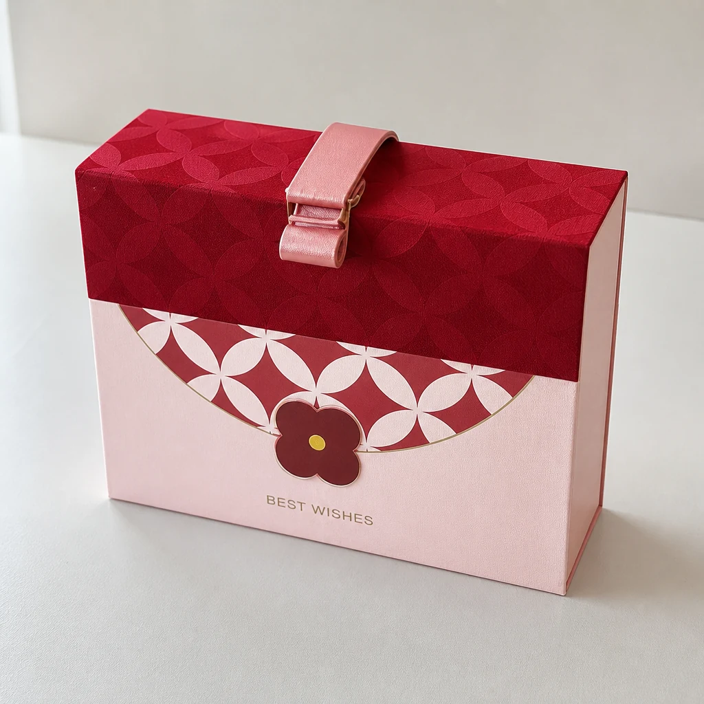 Custom pattern flip top gift box with strap packaging box top angle