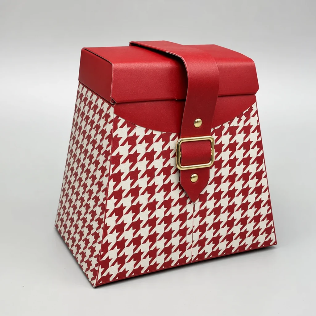 Trapezoid flip-top gift box with button & strap packaging box front angle