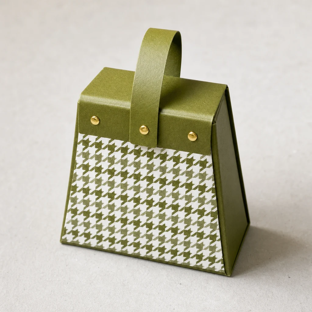 Trapezoid flip-top gift box with button & strap packaging box top angle