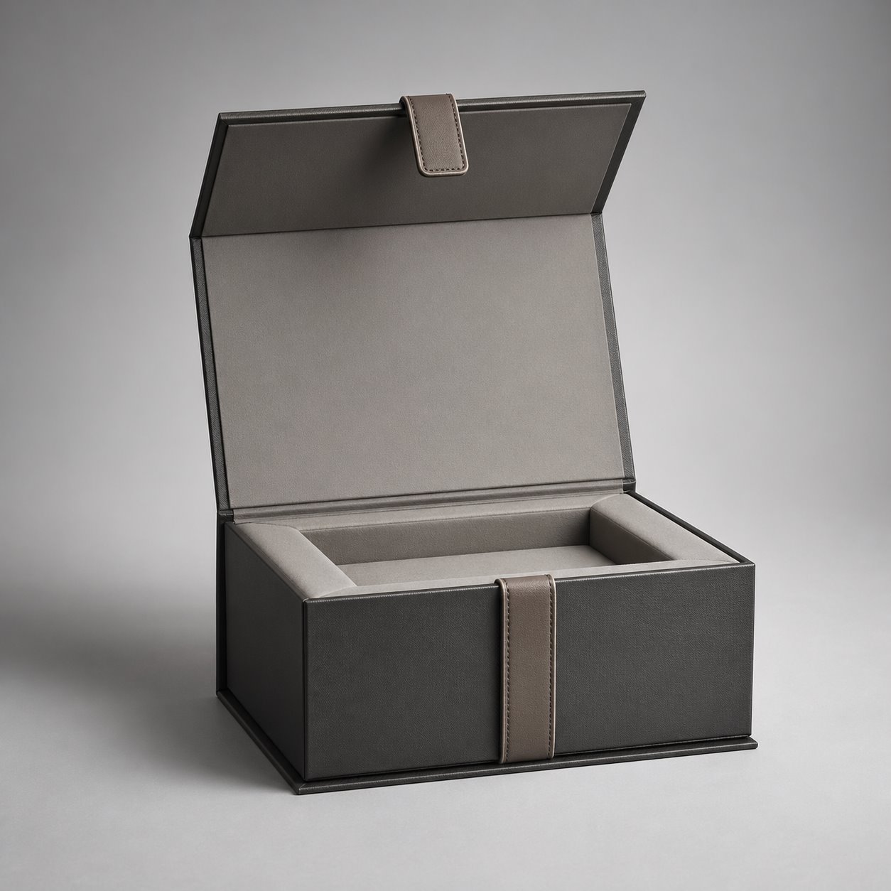 Custom flip-top magnetic gift box with strap packaging feature image showing Rugged Luxury: Vegan Leather Strap Details