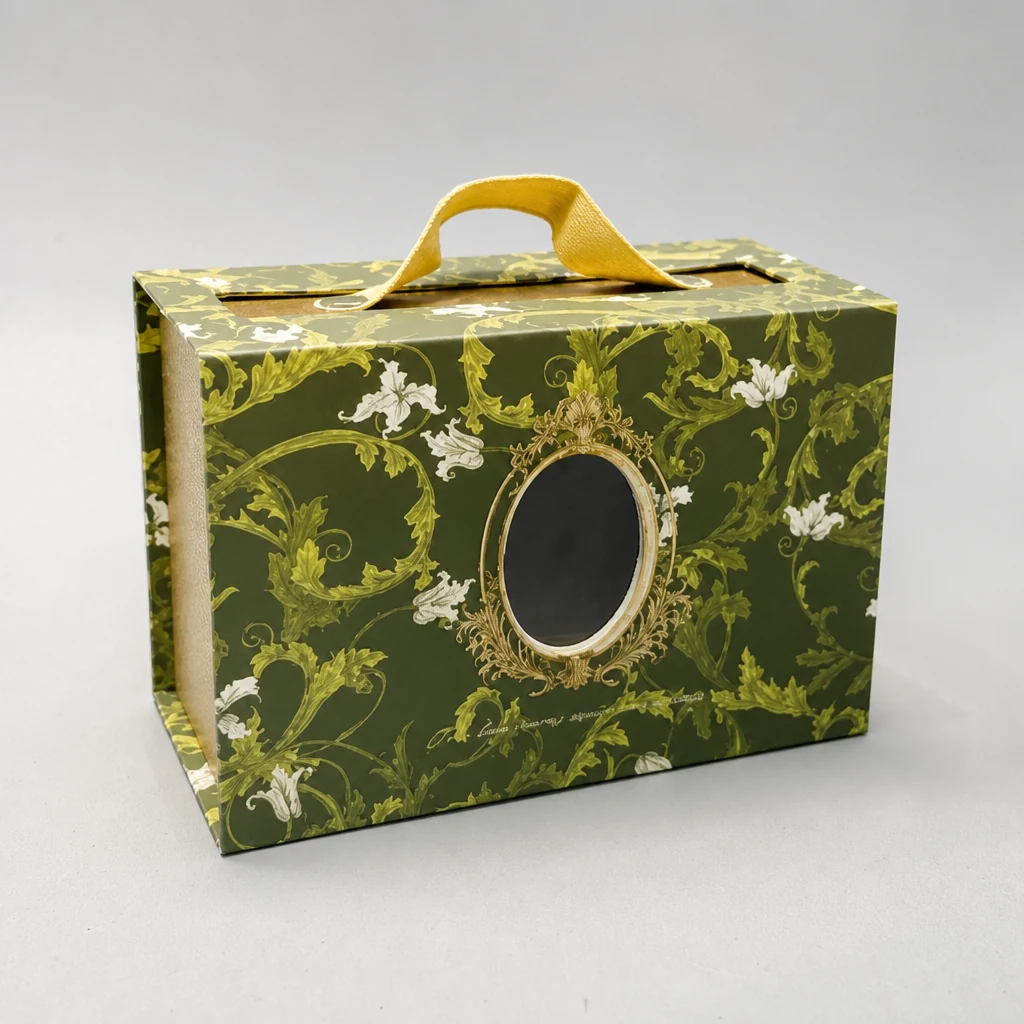 Custom magnetic closure gift box with window packaging box front angle