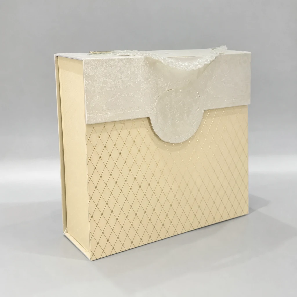 Luxury magnetic closure gift box with pearl chain packaging box front angle