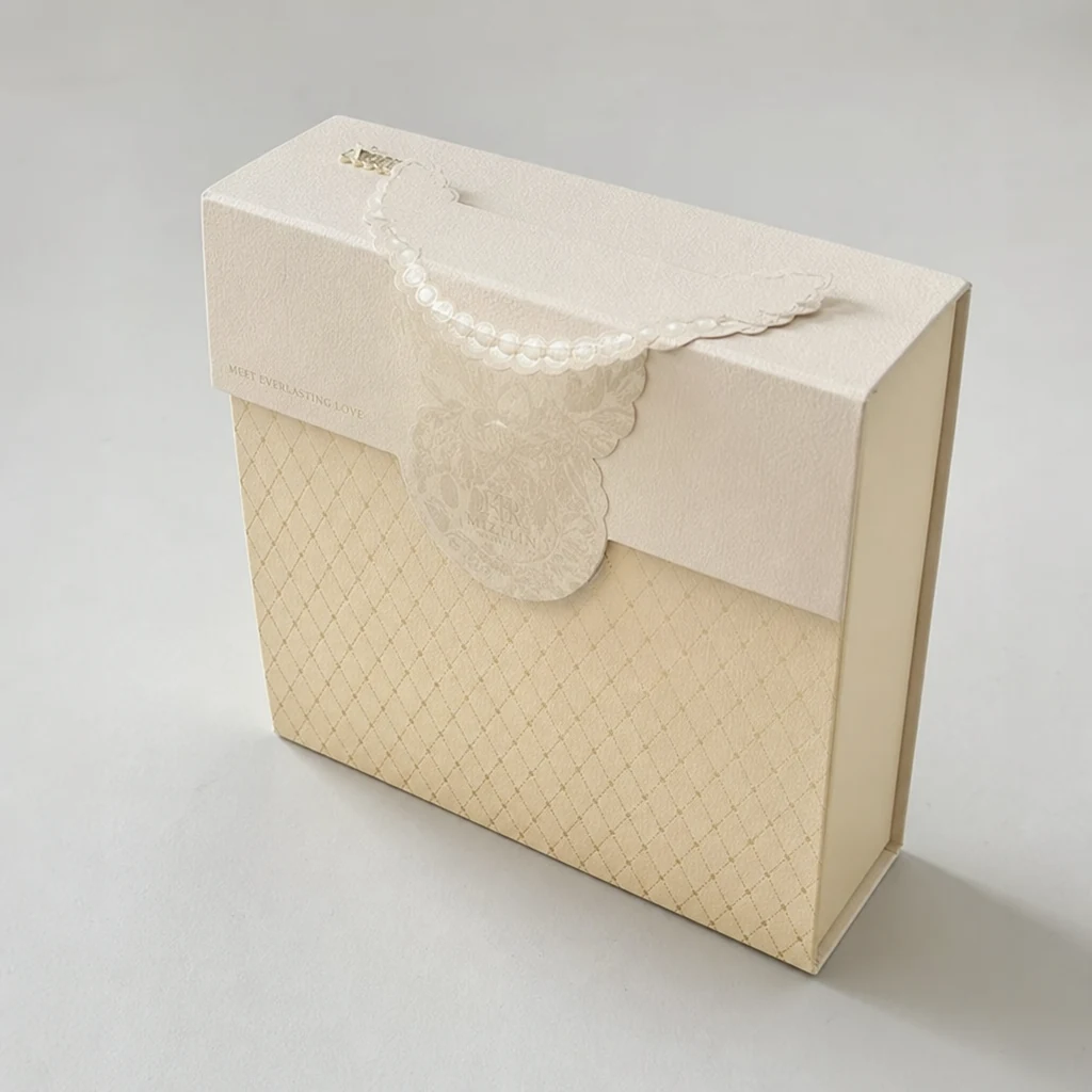Luxury magnetic closure gift box with pearl chain packaging box top angle