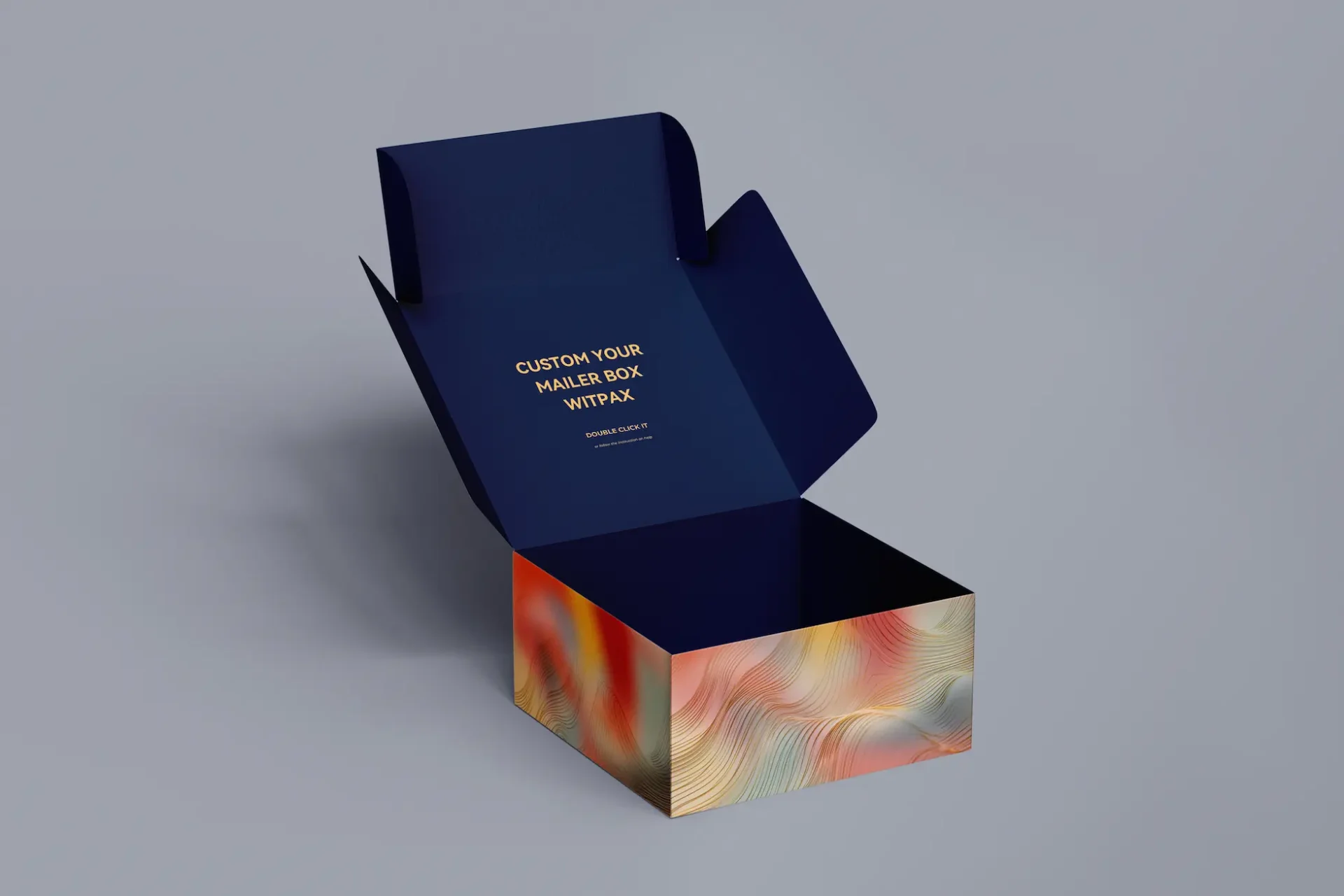 We are a manufacturer of custom box packaging. Please revise the following description to align with packaging terms and ensure it does not depict any text on the packaging:
"Open custom mailer box featuring a dark blue lid, complemented by a colorful abstract wave pattern along the sides, reminiscent of an aurora.