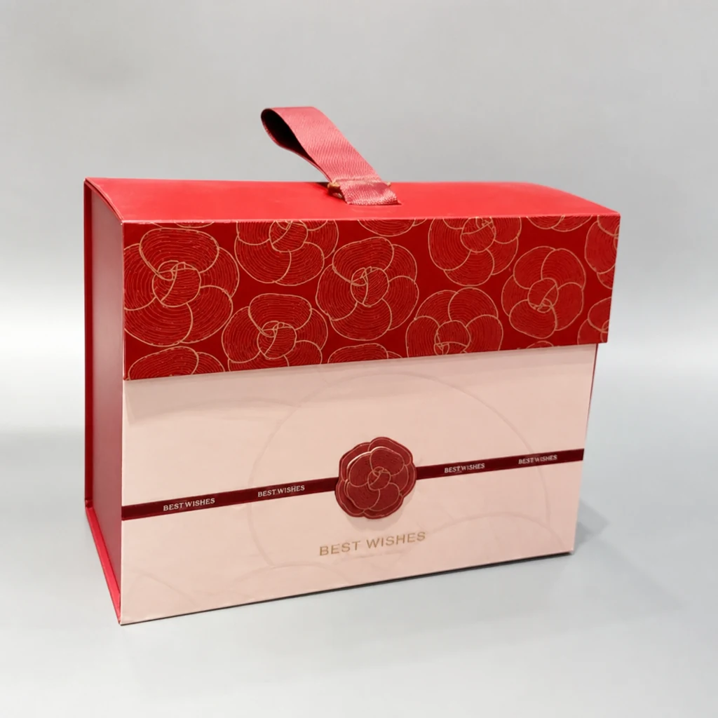 Luxury magnetic closure gift box with string packaging box front angle
