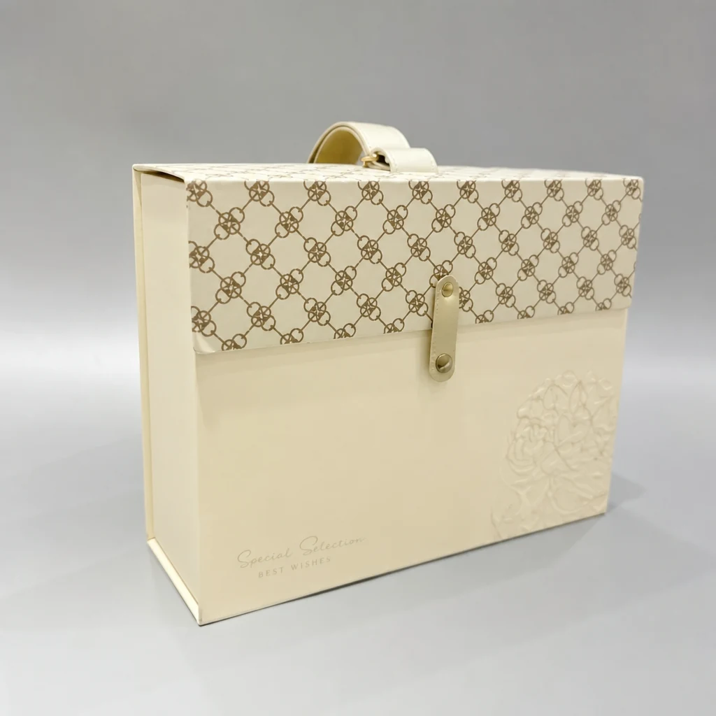 Luxury flip-top gift box with string & button packaging box front angle