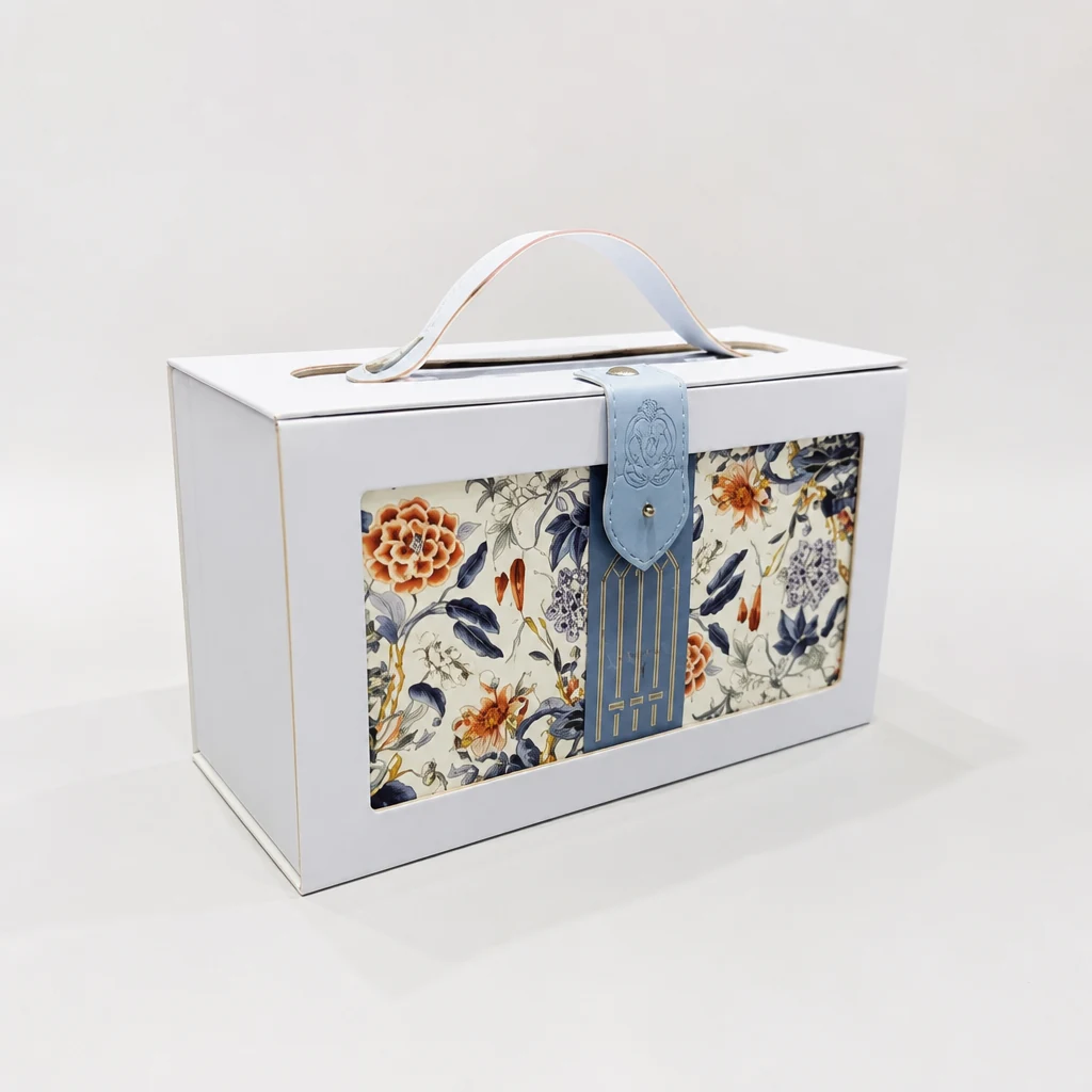 Custom portable flip-top gift box with button packaging box front angle