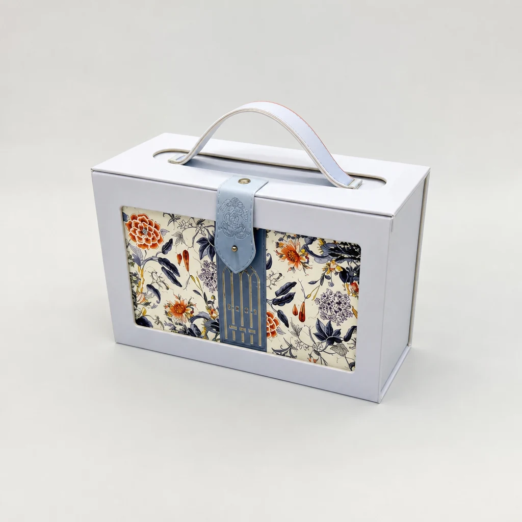 Custom portable flip-top gift box with button packaging box top angle