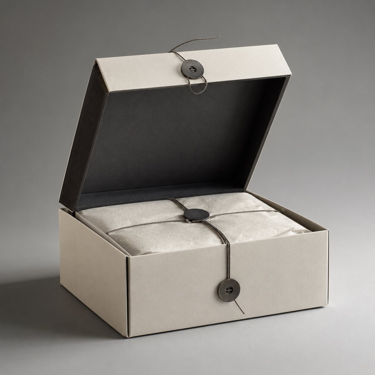 Premium flip top gift box with string & button packaging feature image showing Artistic Ritual: Sustainable & Secure Closure