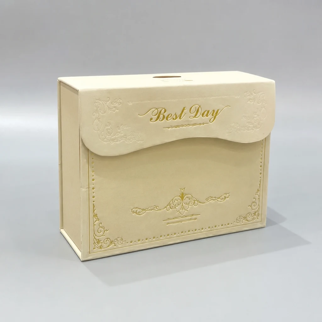 Custom texture flip top gift box with string packaging box front angle