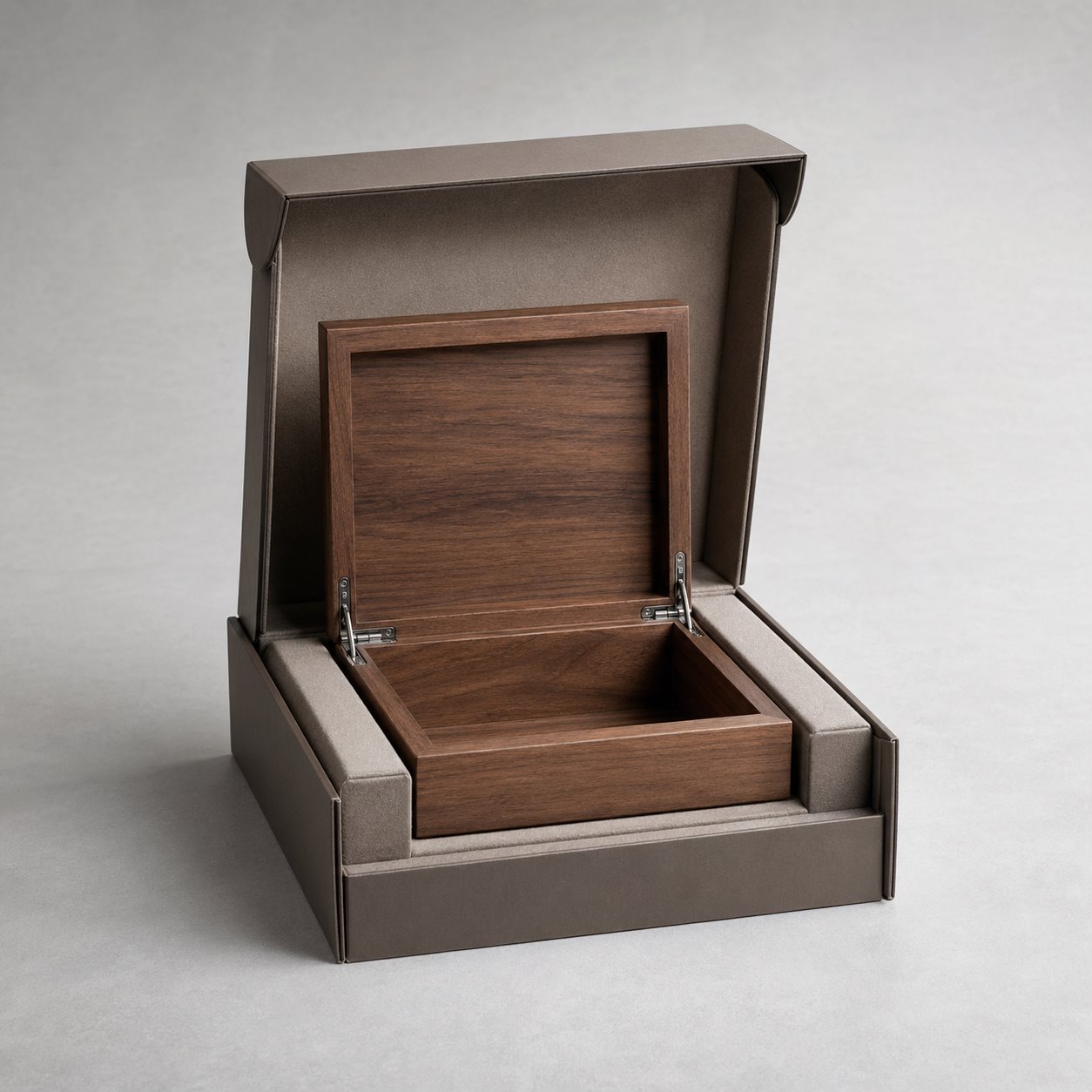 Wooden hinged lid box packaging feature image showing Rustic Charm: Smooth-Glide Metal Hinges