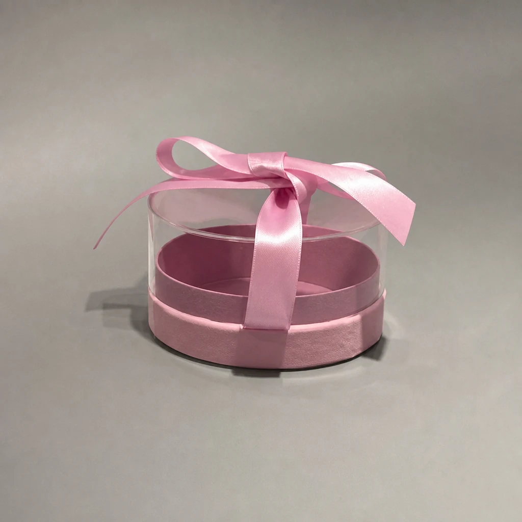 Oval lift-off lid gift box with ribbon packaging box front angle