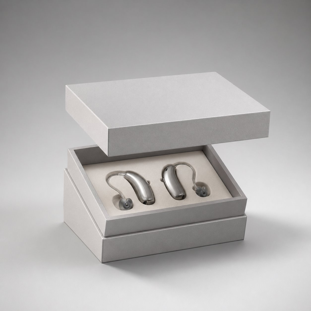 Custom lift-off lid hearing aid box packaging feature image showing Precision Care: A Safe Haven for Technology