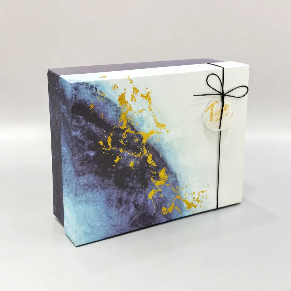 Custom pattern lift-off lid box with ribbon packaging box front angle