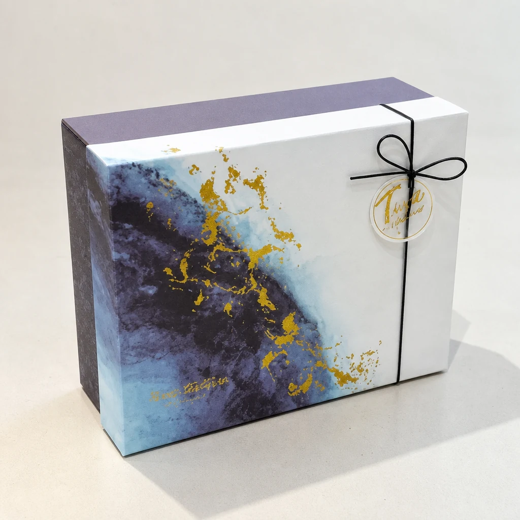 Custom pattern lift-off lid box with ribbon packaging box top angle