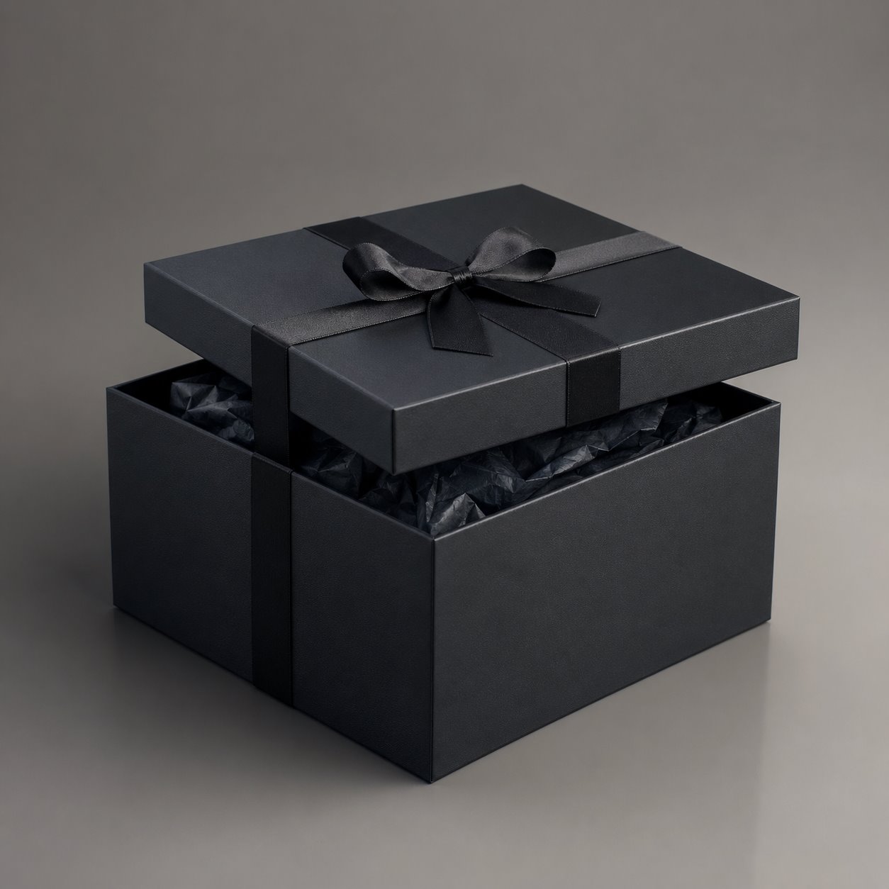 Custom dark lift-off lid box with ribbon packaging feature image showing Bold Night Mystery: Sleek, Dark & Distinguishable