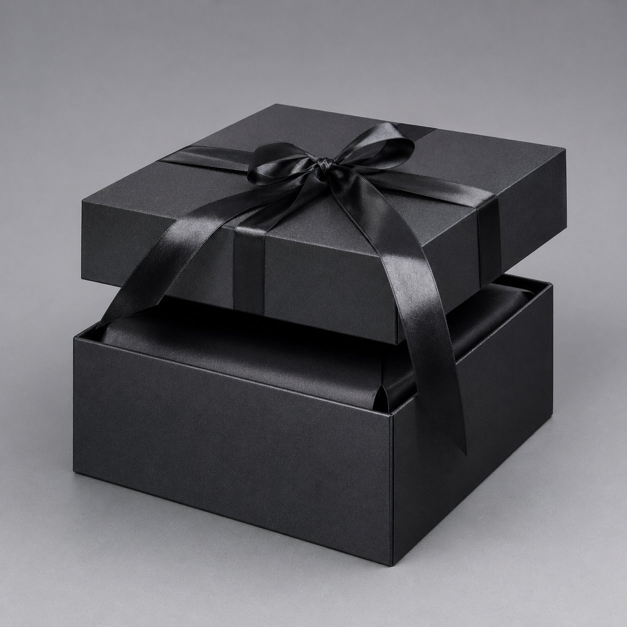 Custom dark lift-off lid box with ribbon packaging feature image showing Subtle Shimmer: Contrast with Silk Ribbons