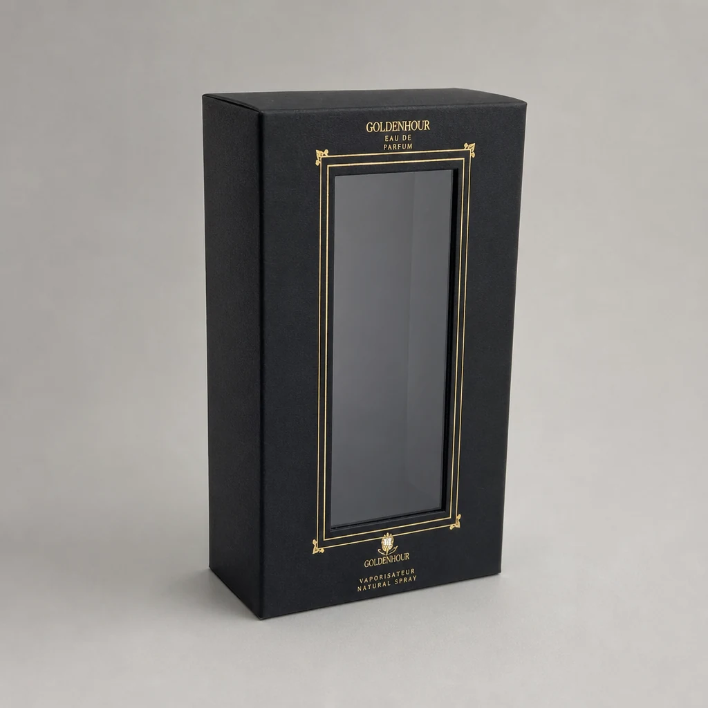 Handmade window patching perfume box packaging box front angle
