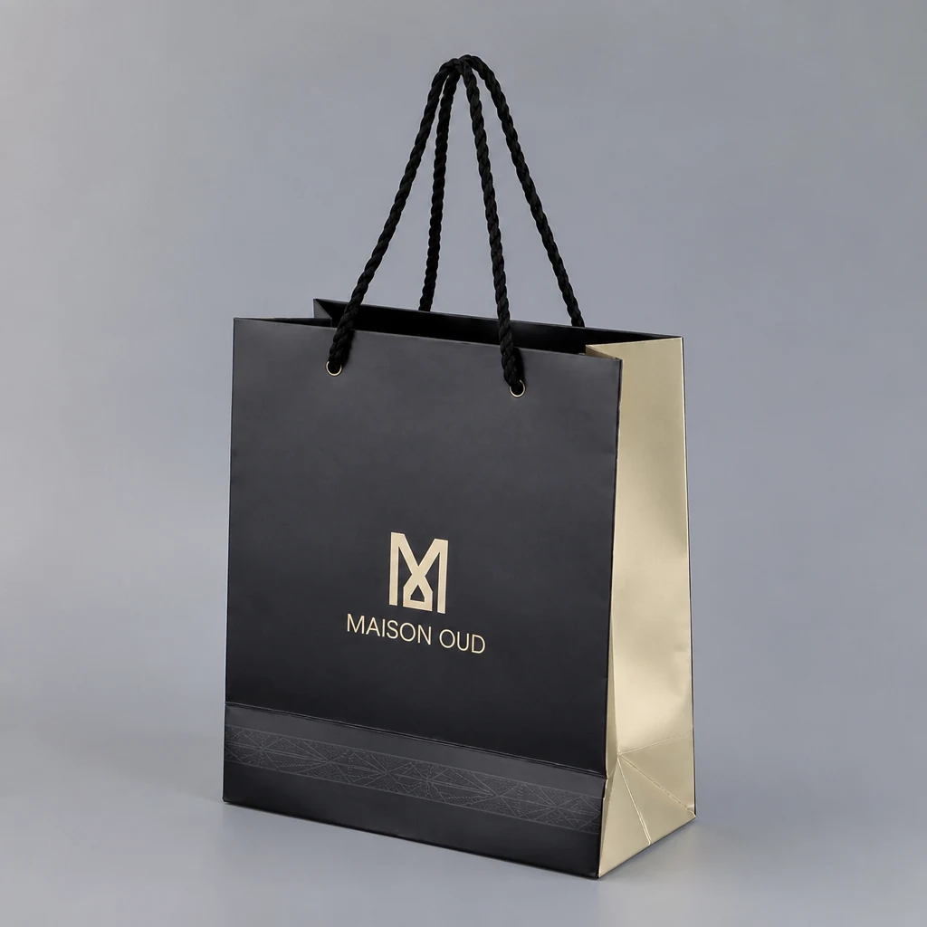 Handmade UV printing perfume paper bag front angle with printed paper bag panel