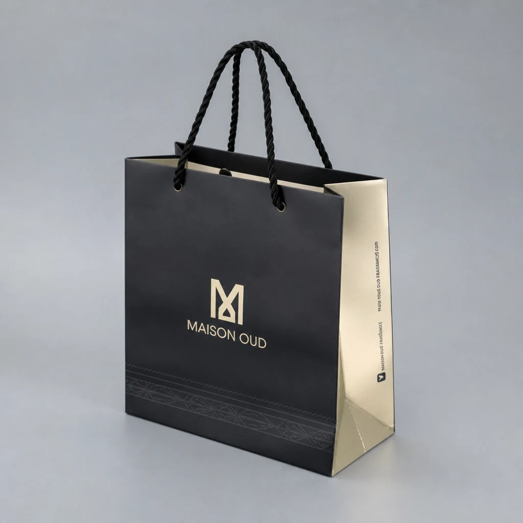 Handmade UV printing perfume paper bag showing handles and side gusset