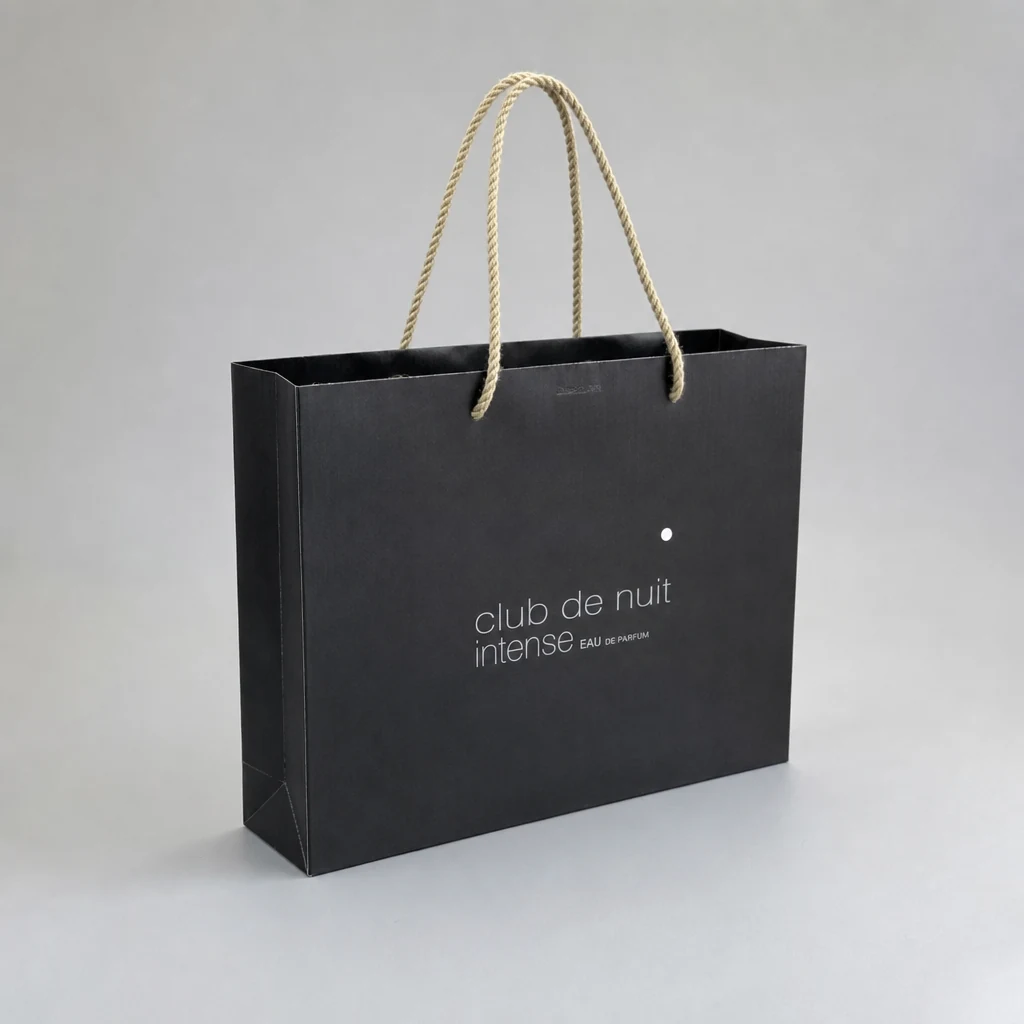 Handmade UV printing perfume paper bag front angle with printed paper bag panel