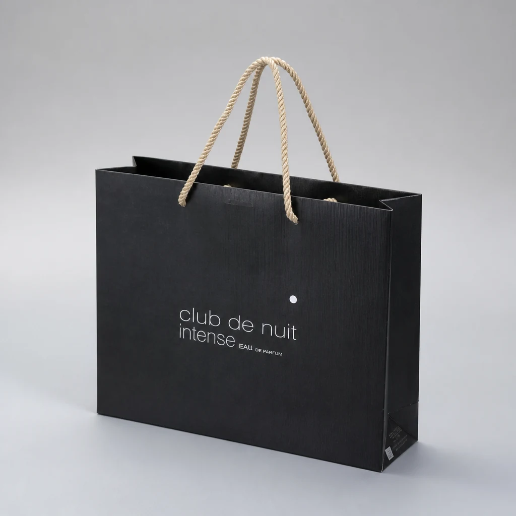 Handmade UV printing perfume paper bag showing handles and side gusset