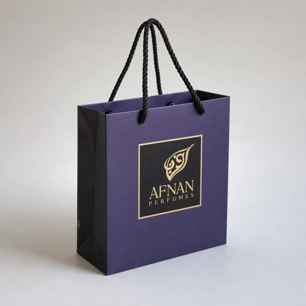 Handmade foil stamping perfume paper bag front angle with printed paper bag panel