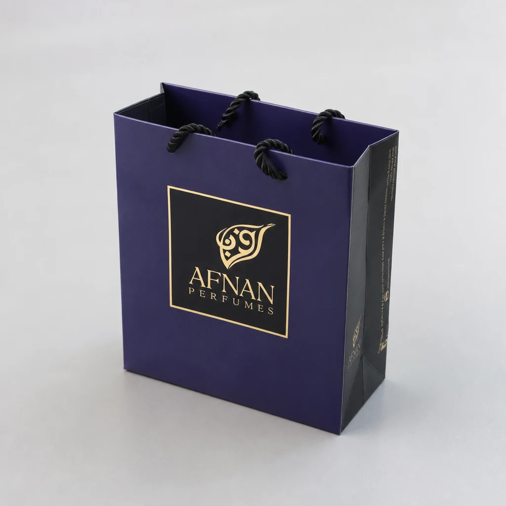 Handmade foil stamping perfume paper bag showing handles and side gusset