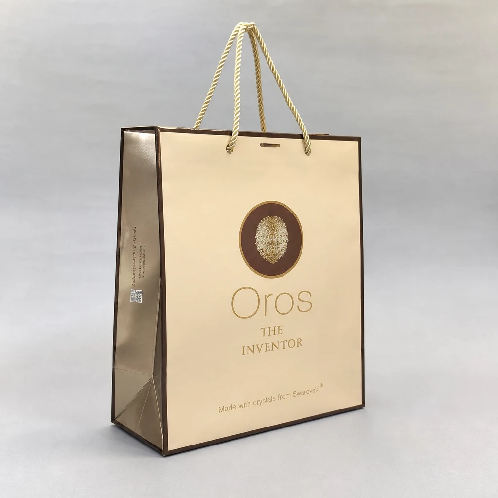 Handmade UV printing perfume paper bag front angle with printed paper bag panel