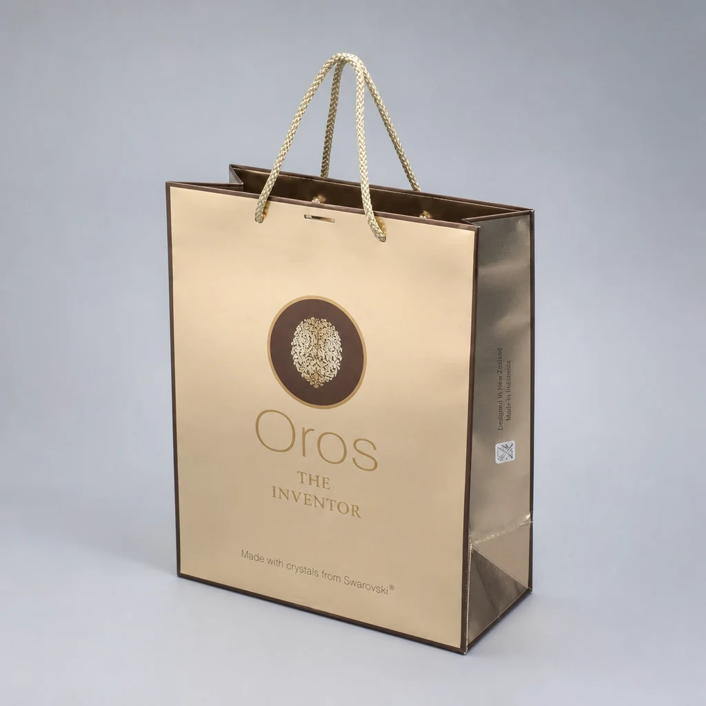 Handmade UV printing perfume paper bag showing handles and side gusset