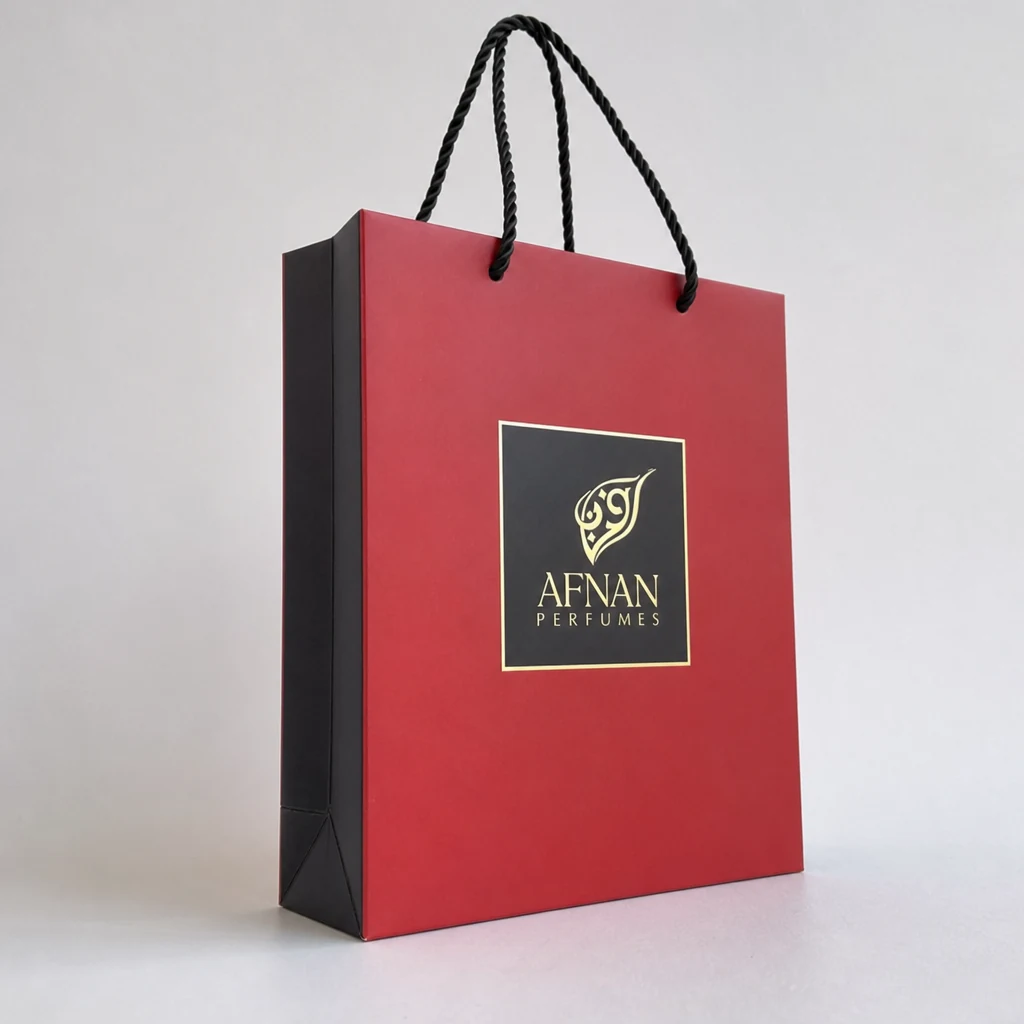 Handmade foil stamping perfume bag front angle with printed paper bag panel