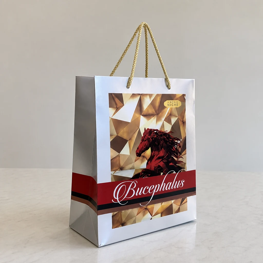 Handmade UV printing perfume paper bag front angle with printed paper bag panel