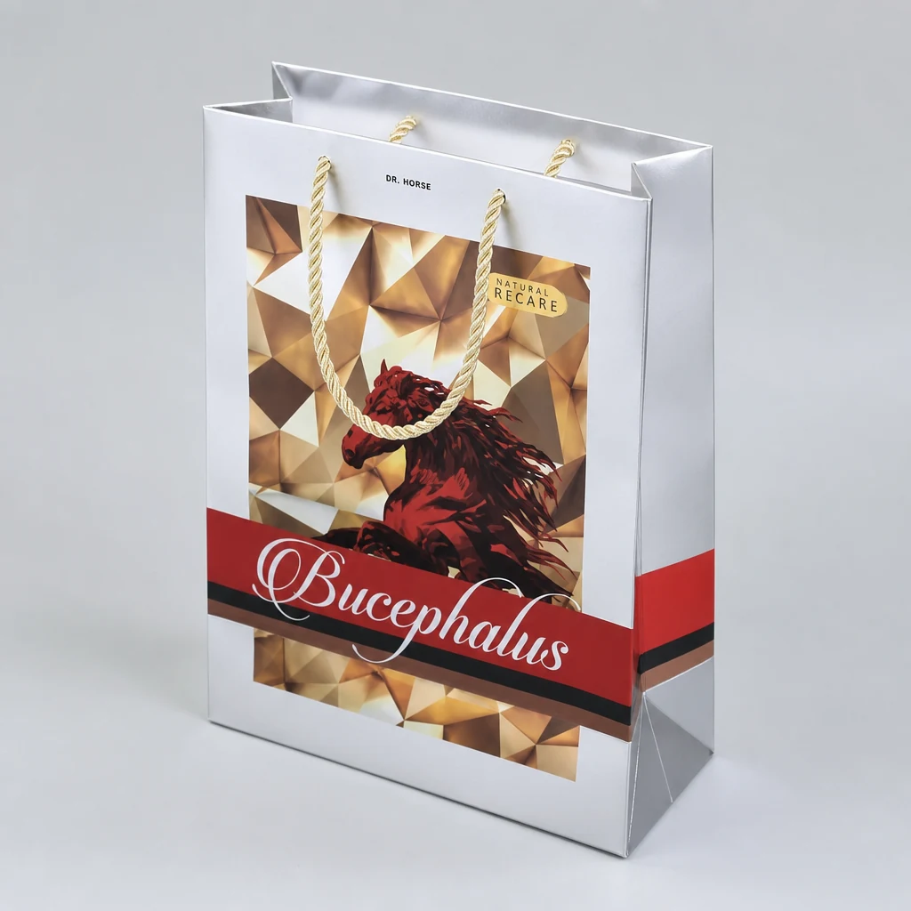 Handmade UV printing perfume paper bag showing handles and side gusset