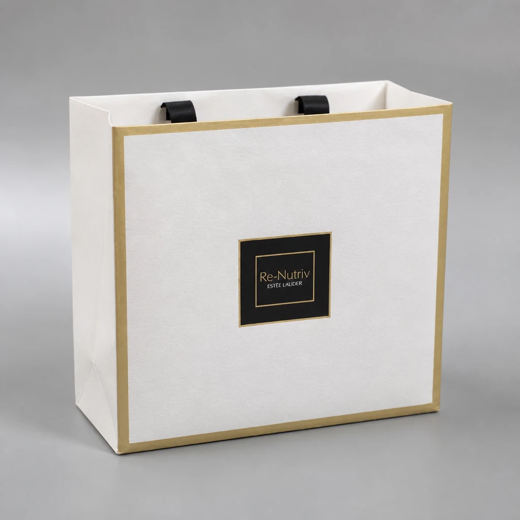 Handmade UV printing perfume paper bag front angle with printed paper bag panel
