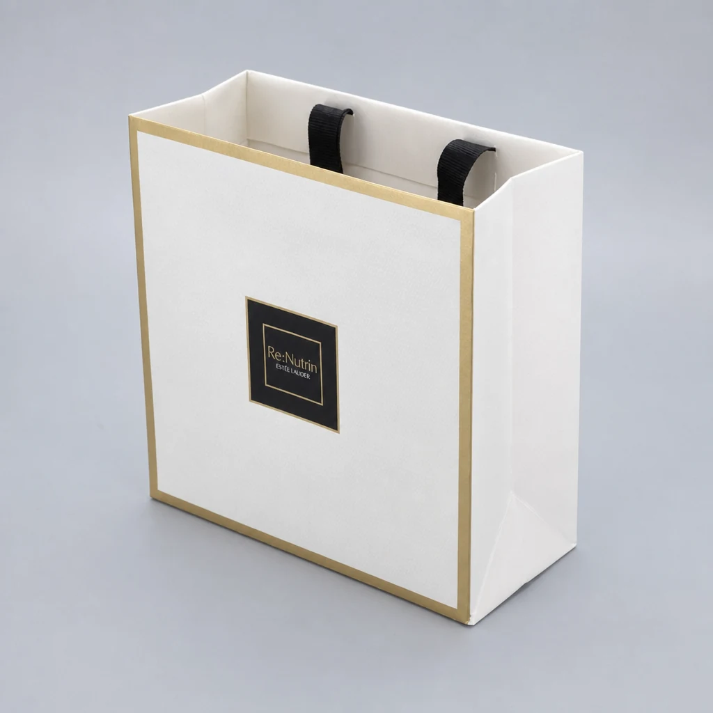 Handmade UV printing perfume paper bag showing handles and side gusset
