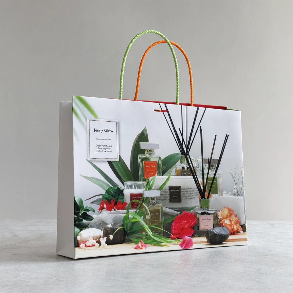 White perfume paper bag with colorful handles and printed front panel
